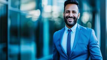 AI generated Confident and stylish young businessman walking in the vibrant city center with a genuine smile photo