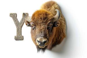 AI generated Yak s majestic head fused with letter y on white background for design and education. photo