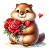 AI generated a cute groundhog holding a bouquet of roses png