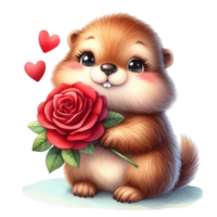 AI generated a cute groundhog holding a bouquet of roses png