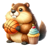 ai gerado uma desenho animado marmota segurando uma basquetebol png