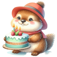 ai généré une mignonne marmotte une fraise gâteau sur une arbre souche png