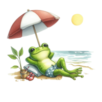 ai generiert ein Frosch Sitzung auf das Strand mit ein Regenschirm png