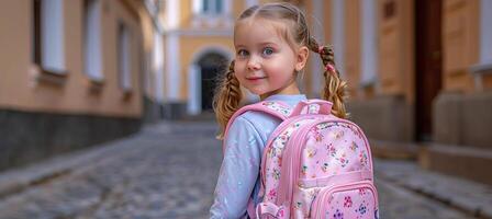 AI generated Happy elementary school girl walking to school building, back view with space for text photo