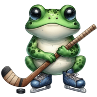 ai généré dessin animé grenouille avec le hockey bâton et palet sur transparent Contexte png