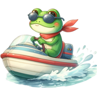 AI generated cartoon frog riding on a boat with sunglasses png