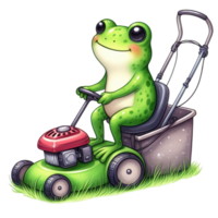 AI generated frog with a lawn mower, cartoon illustration png