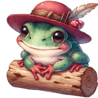 AI generated frog in hat sitting on log with feather png