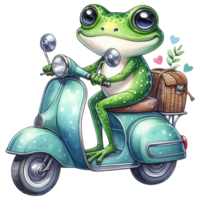 AI generated cartoon frog riding a scooter, isolated on transparent background png