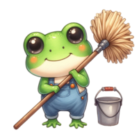 AI generated cartoon frog cleaning the floor with a broom and mop png