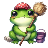 AI generated cartoon frog cleaning the floor with a broom and mop png
