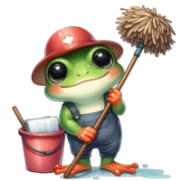 AI generated cartoon frog cleaning the floor with a broom and mop png