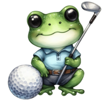 AI generated cartoon golf frog with ball and club on transparent background png