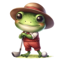 AI generated cartoon golf frog with ball and club on transparent background png