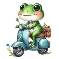 ai généré dessin animé grenouille équitation une scooter, isolé sur transparent Contexte png