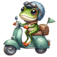 ai généré dessin animé grenouille équitation une scooter, isolé sur transparent Contexte png