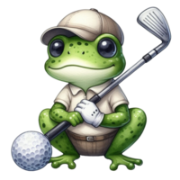 AI generated cartoon golf frog with ball and club on transparent background png