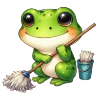 AI generated cartoon frog cleaning the floor with a broom and mop png