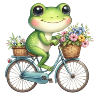 ai généré dessin animé grenouille équitation une vélo avec fleurs dans panier png