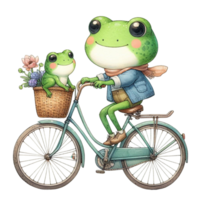 ai gerado desenho animado rã equitação uma bicicleta com flores dentro cesta png