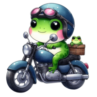 AI generated cartoon frog riding a motorcycle with a frog on the back png