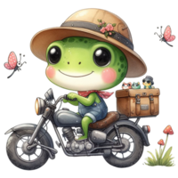 ai généré dessin animé grenouille équitation une moto avec une grenouille sur le retour png