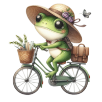 ai generado dibujos animados rana montando un bicicleta con flores en cesta png