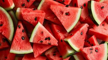 AI generated Close up of juicy watermelon wedges, top view   vibrant colors and refreshing appeal photo