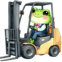 ai généré dessin animé grenouille équitation sur une ascenseur un camion png