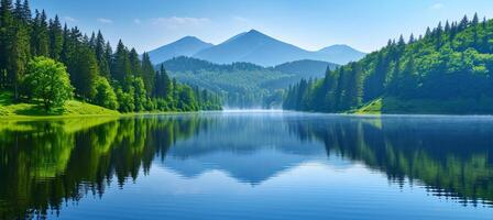 AI generated Ethereal fog over a serene mountain lake in a breathtaking panoramic view at dawn photo