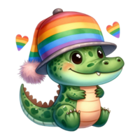 AI generated a cartoon alligator wearing a rainbow hat png