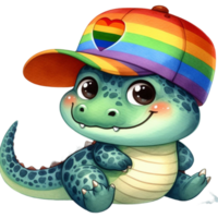 AI generated a cartoon alligator wearing a rainbow hat png