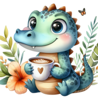 AI generated cute cartoon alligator with coffee and flowers on transparent background png