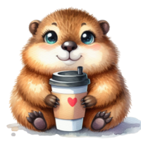 ai généré une mignonne peu marmotte en portant une café tasse png