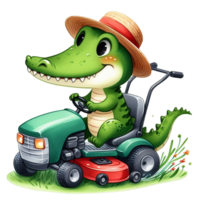 ai généré mignonne dessin animé alligator équitation une pelouse tondeuse png