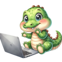 AI generated cute cartoon alligator using laptop png