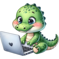 AI generated cute cartoon alligator using laptop png