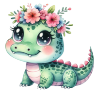 ai generato carino cartone animato alligatore con fiori su suo testa png