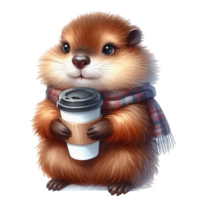 ai gerado uma fofa pequeno marmota segurando uma café copo png