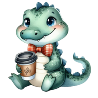 ai gerado fofa desenho animado crocodilo bebendo café e comendo uma sanduíche png