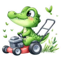 ai généré mignonne dessin animé alligator équitation une pelouse tondeuse png