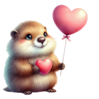 AI generated valentine's day beaver holding heart balloon png
