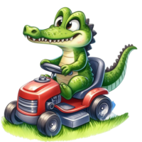 ai généré mignonne dessin animé alligator équitation une pelouse tondeuse png