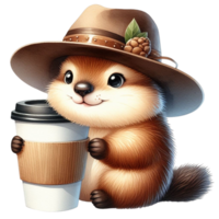 AI generated a cute little groundhog holding a coffee cup png