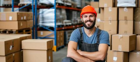 AI generated Brightly lit warehouse worker in spacious distribution center with natural light and ample room photo