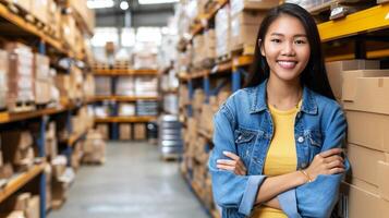 AI generated Portrait of female warehouse worker standing in large bright distribution center with ample lighting photo