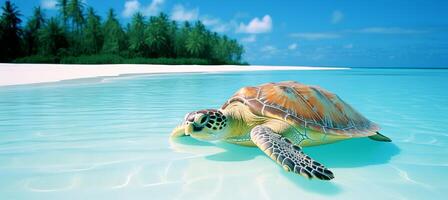 AI generated Majestic sea turtle basking on a sandy beach with a breathtaking backdrop of a serene blue ocean photo