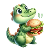 AI generated cute cartoon alligator holding a hamburger png