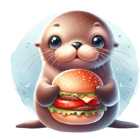 ai gerado mar lontra segurando uma Hamburger, desenho animado ilustração png