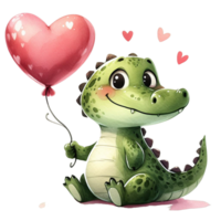 AI generated cute cartoon alligator holding a heart balloon png